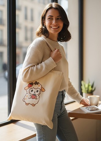 Bej Pamuk Kadın Çanta - Minimalist Baskılı - Görsel 2