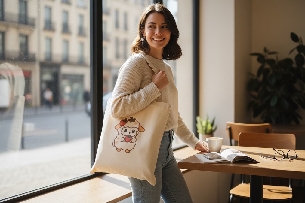 Bej Pamuk Kadın Çanta - Minimalist Baskılı - Görsel 2