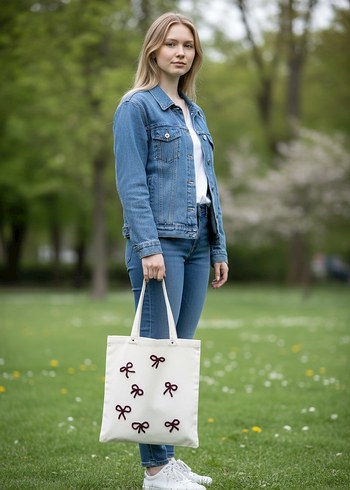 Nakışlı Fiyonk Detaylı Bej Örgü Çanta - Görsel 3