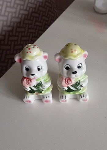 Çiçekli Beyaz Ayıcık Biblo Seti tuzluk - Görsel 2