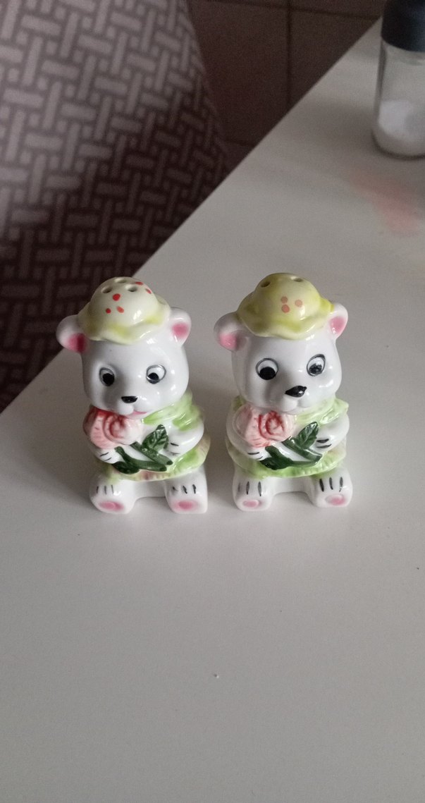 Çiçekli Beyaz Ayıcık Biblo Seti tuzluk - Görsel 2