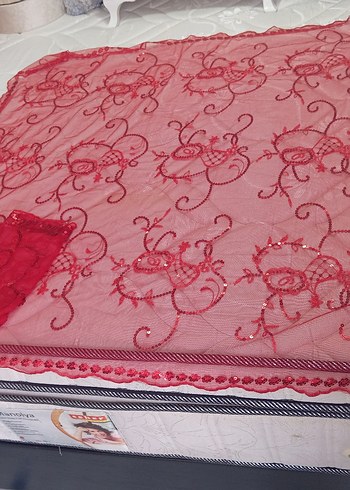 Kırmızı Dantelli Parlak Kadın Fuları kına örtüsü - Görsel 6