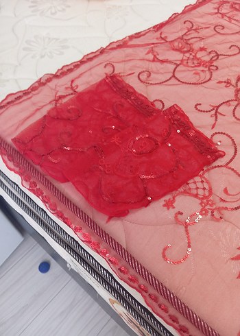 Kırmızı Dantelli Parlak Kadın Fuları kına örtüsü - Görsel 3