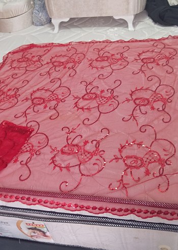 Kırmızı Dantelli Parlak Kadın Fuları kına örtüsü - Görsel 5