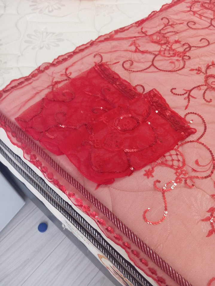 Kırmızı Dantelli Parlak Kadın Fuları kına örtüsü - Görsel 3