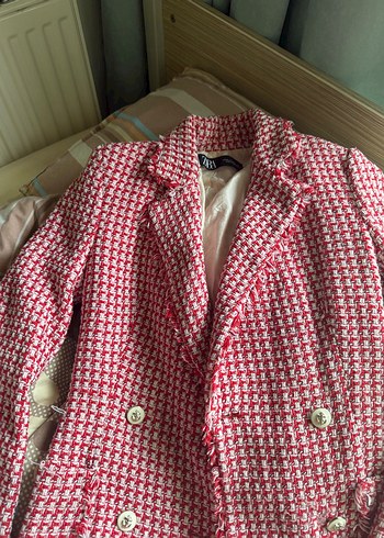 Zara Pembe Beyaz Houndstooth Tuvit Ceket