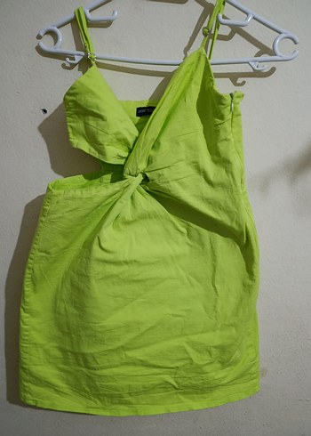 Yeşil Drapeli Mini Keten Elbise - Görsel 4