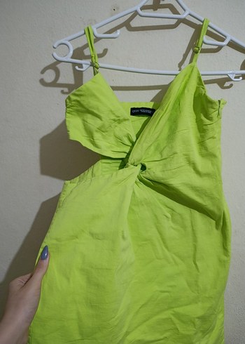 Yeşil Drapeli Mini Keten Elbise - Görsel 2