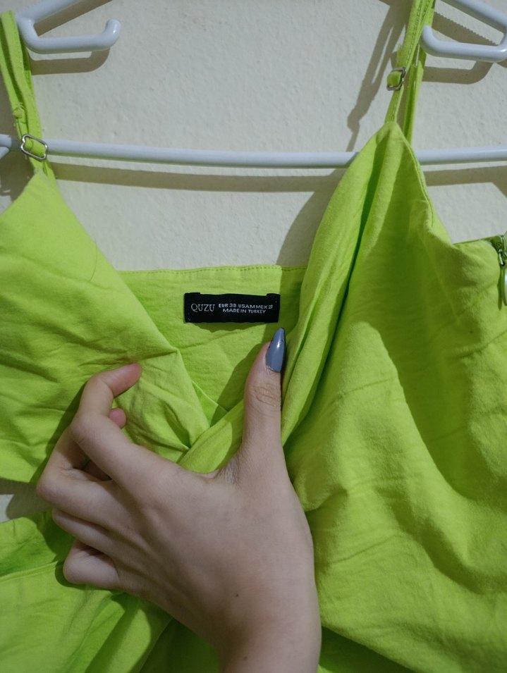 Yeşil Drapeli Mini Keten Elbise - Görsel 3