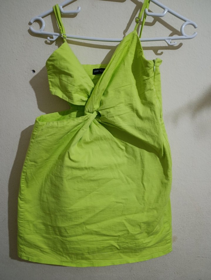 Yeşil Drapeli Mini Keten Elbise - Görsel 4