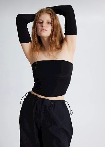 Siyah Straplez Street Wear Crop Top - Görsel 3