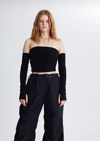 Siyah Straplez Street Wear Crop Top - Görsel 2