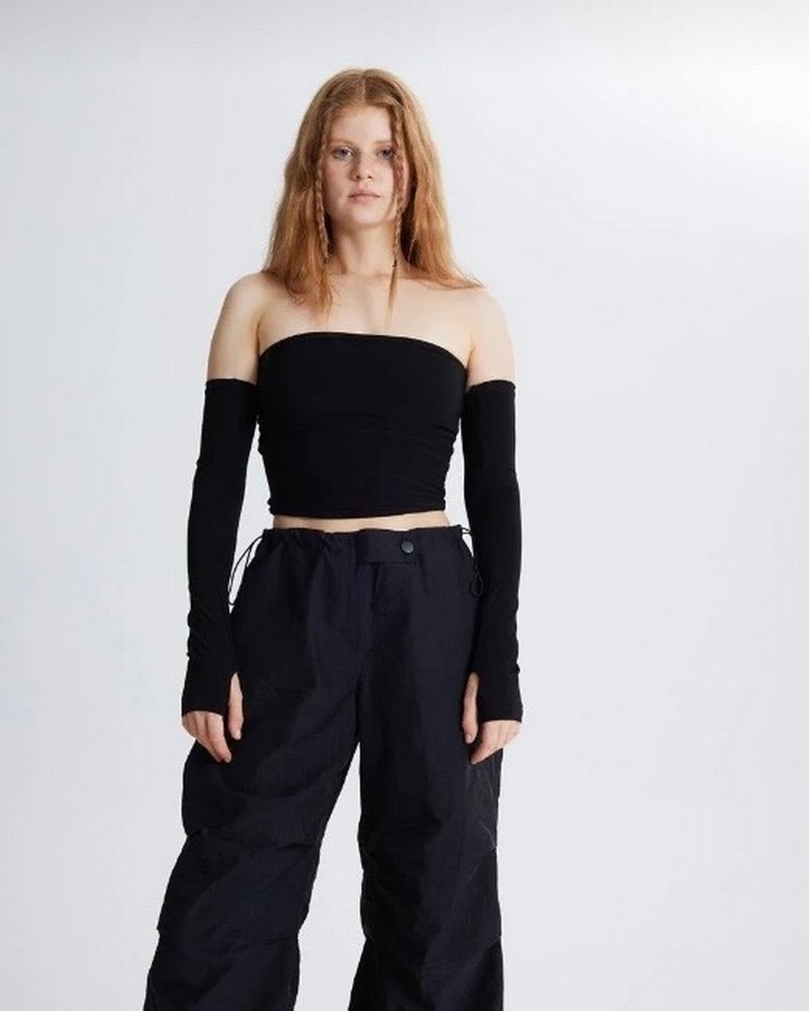 Siyah Straplez Street Wear Crop Top - Görsel 2