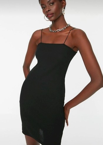 Siyah İnce Askılı Mini Elbise - Görsel 2