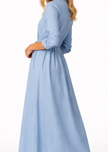 Kadın Mavi Uzun Gömlek Elbise - Görsel 2