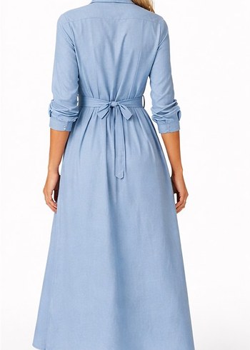 Kadın Mavi Uzun Gömlek Elbise - Görsel 3