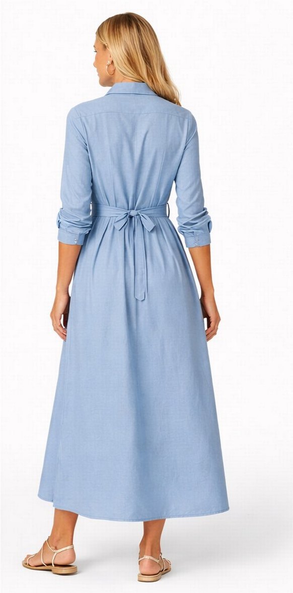 Kadın Mavi Uzun Gömlek Elbise - Görsel 3