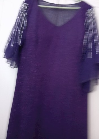 Parlak Mor V Yakalı Uzun Kadın Abiye Elbise - Görsel 2