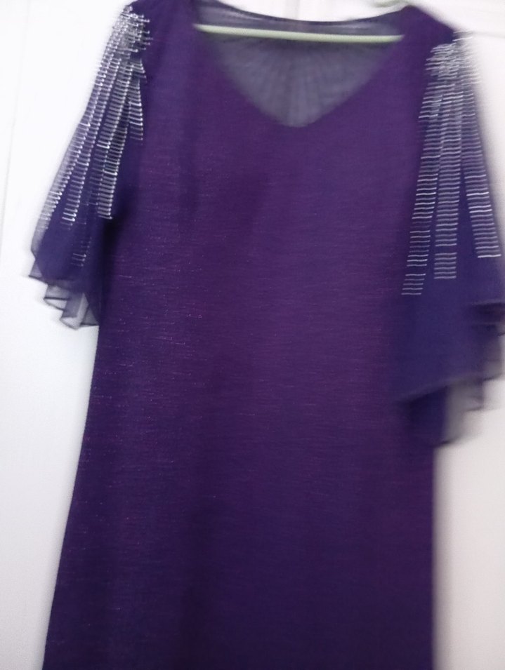 Parlak Mor V Yakalı Uzun Kadın Abiye Elbise - Görsel 2