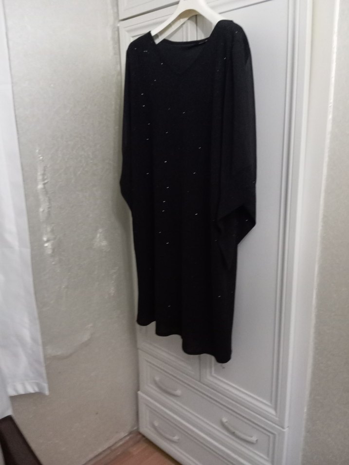 Siyah Uzun Kollu V Yaka Salaş Elbise - Görsel 5