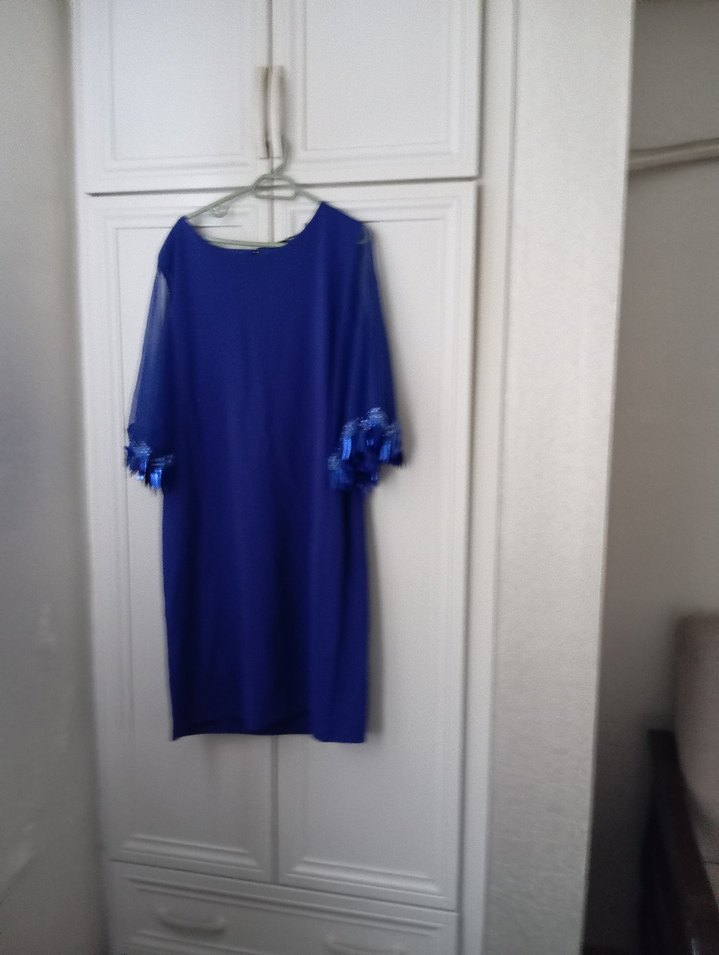 Mavi Midi Kadın Elbise Drapeli Kısa Kollu - Görsel 3