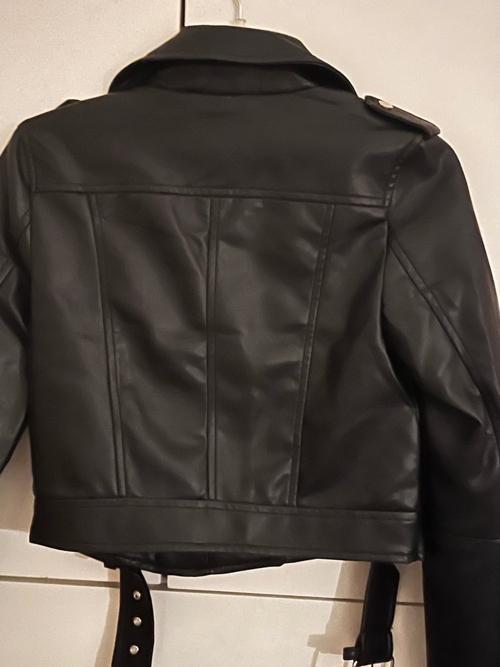 Kadın Siyah Deri Biker Ceket - Görsel 3