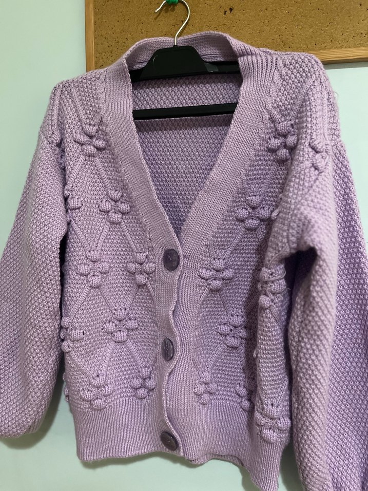 Düğmeli V Yaka Mor Triko Hırka - Görsel 2