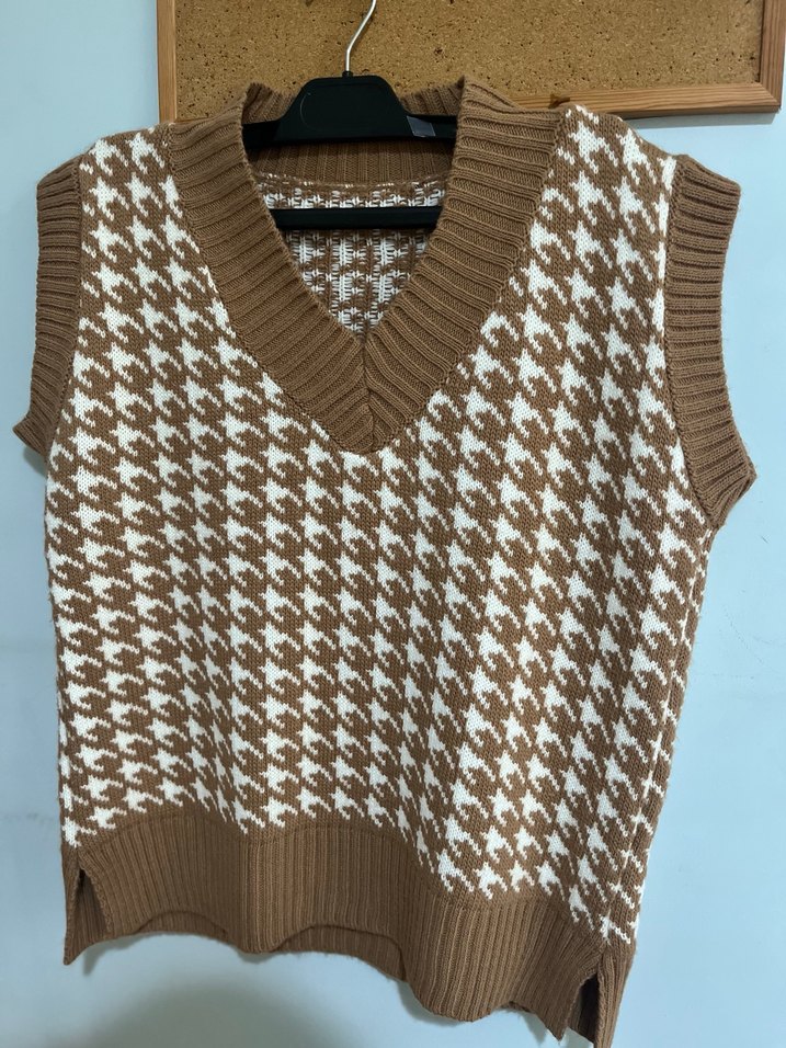 Kadın Kahverengi V Yaka Örgü Süveter - Görsel 2