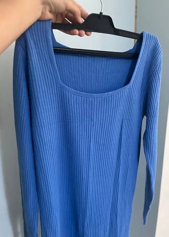 Mavi Fitilli Triko Midi Elbise - Görsel 3