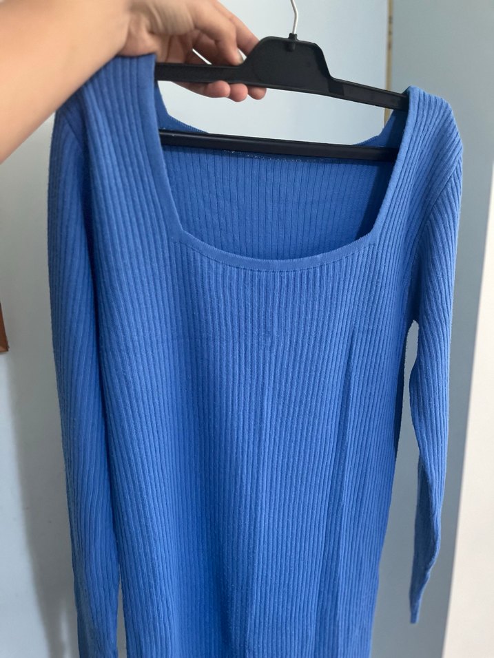 Mavi Fitilli Triko Midi Elbise - Görsel 3