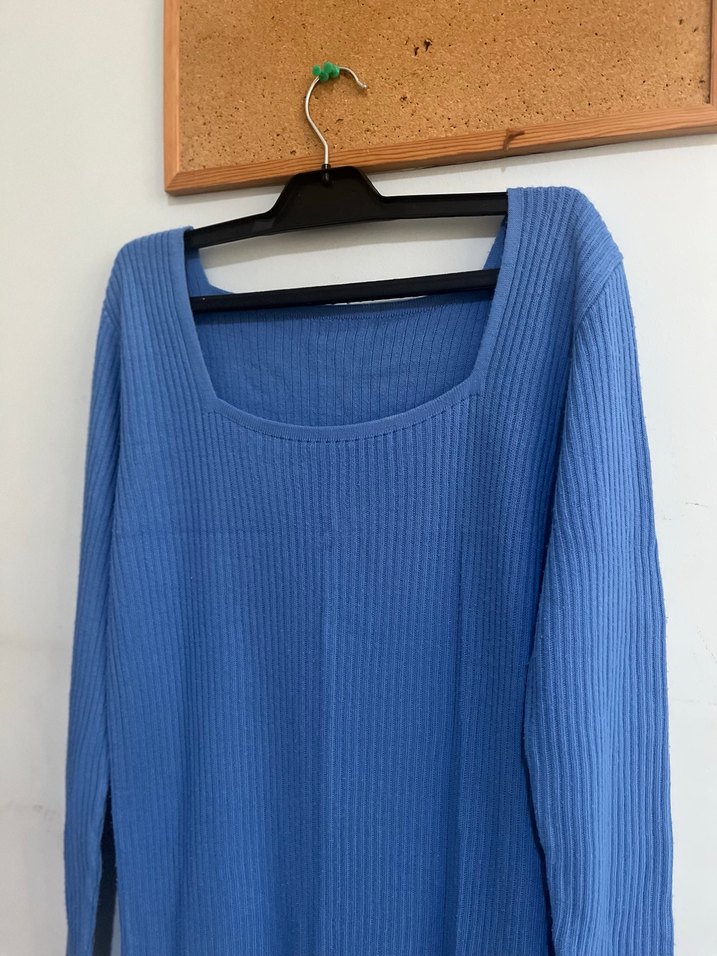 Mavi Fitilli Triko Midi Elbise - Görsel 4