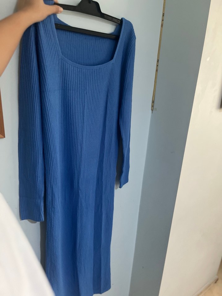 Mavi Fitilli Triko Midi Elbise - Görsel 2