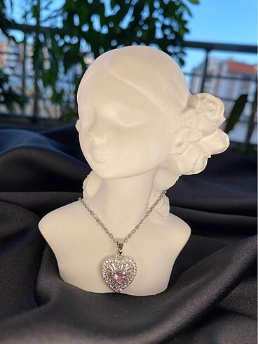 Diğer Silver Baget Taş Detay Pembe Kristal Kalp Tasarım Çelik Kolye