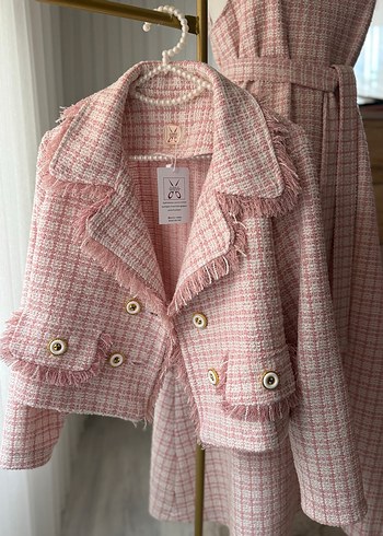 Düğmeli Pembe tüvit ceket ve Jile - Görsel 6
