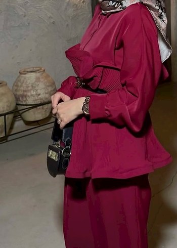 Bordo Uzun Kollu Drapeli Kadın Takım - Görsel 2