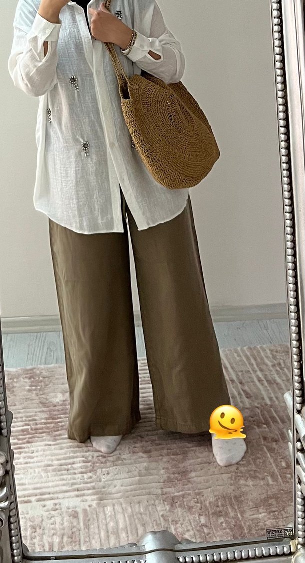 Haki  Kadın Salaş tensel Kumaş Pantolon - Görsel 4