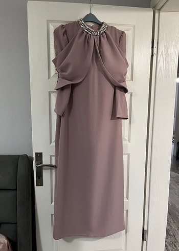 xxl Beden pembe Renk Pembe Drapeli Uzun Kadın Tesettür Abiye Elbise