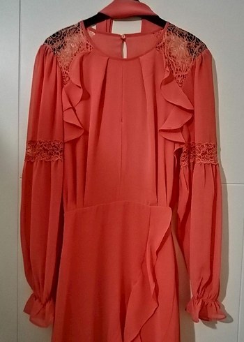 Pembe Uzun Kollu Fırfırlı Uzun Elbise - Görsel 5