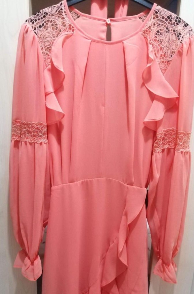 Pembe Uzun Kollu Fırfırlı Uzun Elbise - Görsel 3