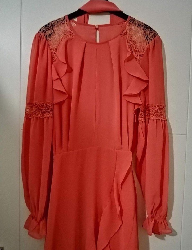 Pembe Uzun Kollu Fırfırlı Uzun Elbise - Görsel 5