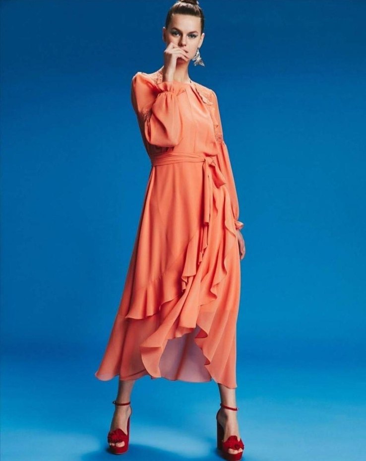 Pembe Uzun Kollu Fırfırlı Uzun Elbise - Görsel 2