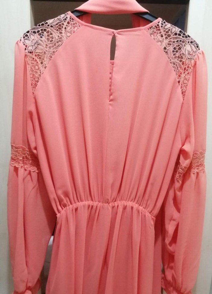 Pembe Uzun Kollu Fırfırlı Uzun Elbise - Görsel 4