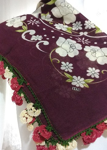 Bordo çiçek işlemeli yazma - Görsel 6