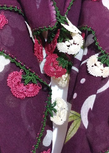 Bordo çiçek işlemeli yazma - Görsel 4