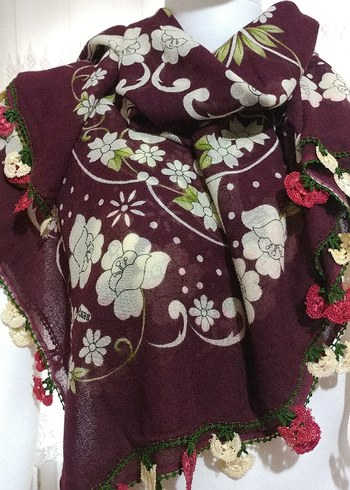 Bordo çiçek işlemeli yazma - Görsel 2