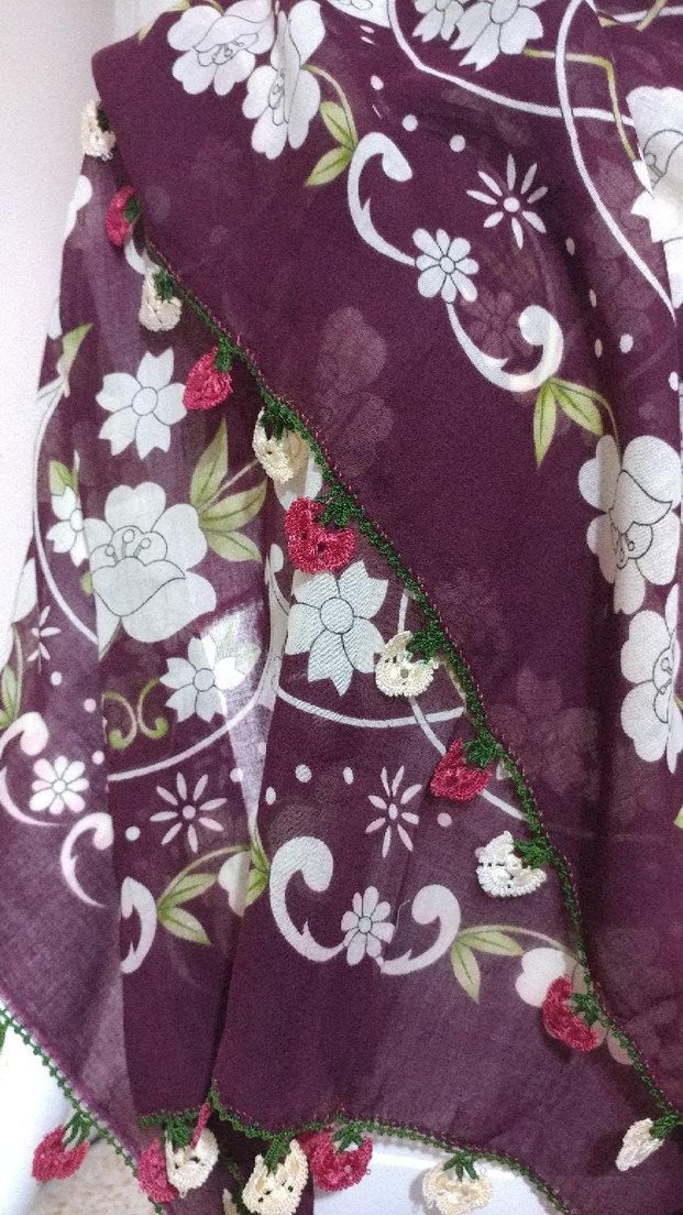 Bordo çiçek işlemeli yazma - Görsel 5