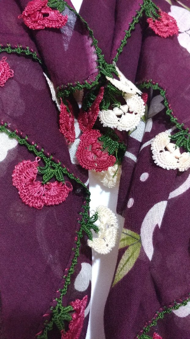 Bordo çiçek işlemeli yazma - Görsel 4
