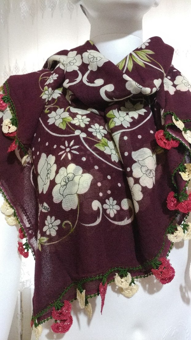 Bordo çiçek işlemeli yazma - Görsel 2