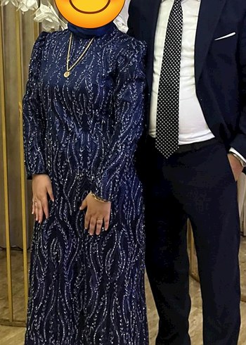Boncuk İşlemeli Lacivert Yılan Desenli Uzun Elbise