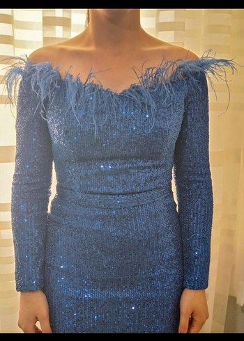 Uzun Kollu Parlak Mavi Abiye Elbise - Görsel 2